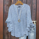 Blue Pinstripe Ruffle Sleeve Blouse