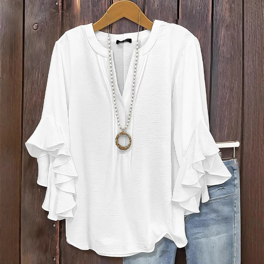 Blue Pinstripe Ruffle Sleeve Blouse