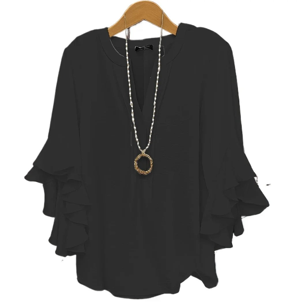 Blue Pinstripe Ruffle Sleeve Blouse