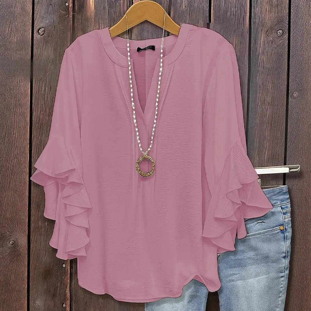 Blue Pinstripe Ruffle Sleeve Blouse